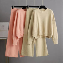 Load image into Gallery viewer, Women Basic Knitted Loose Pants and O Neck Sweater Suit Warm Sets Tracksuits Pullover Two Piece Dark Brown One Size