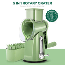 Cargar imagen en el visor de la galería, SUSTEAS Rotary Cheese Grater with Handle - Vegetable Shredder with 5 Well-designed Blades & Strong Suction Base,Round Mandoline Slicer & Food Chopper for Kitchen,with Blade Storage Box(Retro Green)