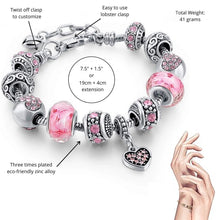 Load image into Gallery viewer, VTEAS 2 Pack Charm Bracelets Pink and Gold Heart Silver Plated Charm Bracelet, DIY Jewelry for Women Gifts, with Beads, Crystal, Charms, Love and Adjustable Snake Chain, Fits 7.5"+1.5"