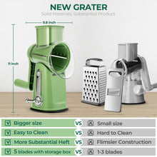 Cargar imagen en el visor de la galería, SUSTEAS Rotary Cheese Grater with Handle - Vegetable Shredder with 5 Well-designed Blades & Strong Suction Base,Round Mandoline Slicer & Food Chopper for Kitchen,with Blade Storage Box(Retro Green)