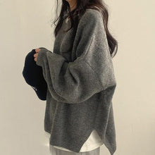 Load image into Gallery viewer, Women's Solid Knitting Split Hem Crewneck Jumper,Women's Long Sleeve Pullover Sweater Fall Casual Soft Ribbed Knit (One Size,Gray)
