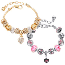Load image into Gallery viewer, VTEAS 2 Pack Charm Bracelets Pink and Gold Heart Silver Plated Charm Bracelet, DIY Jewelry for Women Gifts, with Beads, Crystal, Charms, Love and Adjustable Snake Chain, Fits 7.5"+1.5"