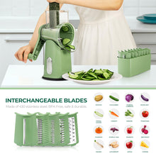 Cargar imagen en el visor de la galería, SUSTEAS Rotary Cheese Grater with Handle - Vegetable Shredder with 5 Well-designed Blades & Strong Suction Base,Round Mandoline Slicer & Food Chopper for Kitchen,with Blade Storage Box(Retro Green)
