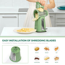 Cargar imagen en el visor de la galería, SUSTEAS Rotary Cheese Grater with Handle - Vegetable Shredder with 5 Well-designed Blades & Strong Suction Base,Round Mandoline Slicer & Food Chopper for Kitchen,with Blade Storage Box(Retro Green)
