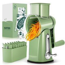 Cargar imagen en el visor de la galería, SUSTEAS Rotary Cheese Grater with Handle - Vegetable Shredder with 5 Well-designed Blades & Strong Suction Base,Round Mandoline Slicer & Food Chopper for Kitchen,with Blade Storage Box(Retro Green)