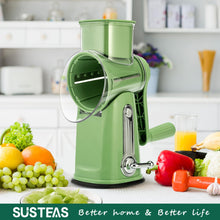 Cargar imagen en el visor de la galería, SUSTEAS Rotary Cheese Grater with Handle - Vegetable Shredder with 5 Well-designed Blades & Strong Suction Base,Round Mandoline Slicer & Food Chopper for Kitchen,with Blade Storage Box(Retro Green)
