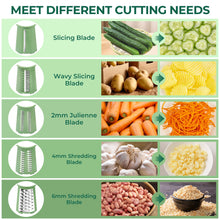 Cargar imagen en el visor de la galería, SUSTEAS Rotary Cheese Grater with Handle - Vegetable Shredder with 5 Well-designed Blades & Strong Suction Base,Round Mandoline Slicer & Food Chopper for Kitchen,with Blade Storage Box(Retro Green)