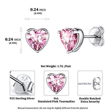 Load image into Gallery viewer, Women 925 Sterling Silver 6mm Heart Stud Earrings Pink Tourmaline Crystal Cubic Zirconia CZ October Birthstone Earring Studs Hypoallergenic Earring for Sensitive Ears