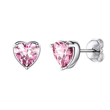 Load image into Gallery viewer, Women 925 Sterling Silver 6mm Heart Stud Earrings Pink Tourmaline Crystal Cubic Zirconia CZ October Birthstone Earring Studs Hypoallergenic Earring for Sensitive Ears