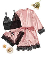 Load image into Gallery viewer, SheIn Women's Sheer Lace Bralette and Striped Shorts Pajama Lingerie Set with Robe Pastel Pink Medium