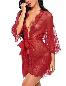 Avidlove Sexy Robes for Women Boudoir Lingerie Women's Lace Kimono Robe Babydoll Lingerie Mesh Nightgown Dark Red S