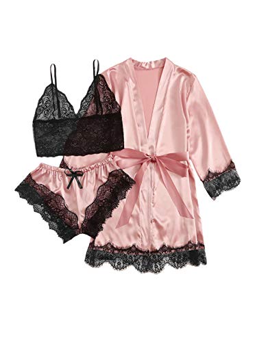 SheIn Women's Sheer Lace Bralette and Striped Shorts Pajama Lingerie Set with Robe Pastel Pink Medium