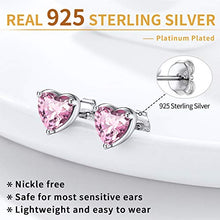 Load image into Gallery viewer, Women 925 Sterling Silver 6mm Heart Stud Earrings Pink Tourmaline Crystal Cubic Zirconia CZ October Birthstone Earring Studs Hypoallergenic Earring for Sensitive Ears
