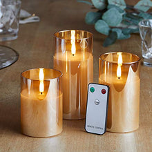 Load image into Gallery viewer, Lights4fun, Inc. Set of 3 TruGlow Gold Glass Flameless LED Battery Operated Pillar Candles with Remote Control
