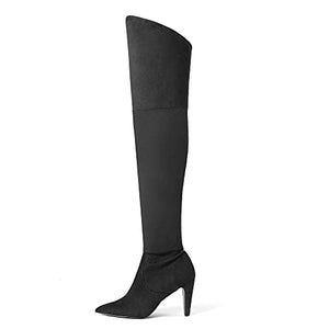 DREAM PAIRS Women's Dob214 Black Thigh High Boots Suede Over The Knee Heels Long Sexy Pointed Toe Boots, Black Suede, Size 8.5