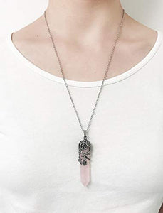 Top Plaza Antique Silver Flower Wrapped Natural Rose Quartz Healing Crystal Necklace
