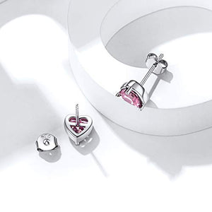 Women 925 Sterling Silver 6mm Heart Stud Earrings Pink Tourmaline Crystal Cubic Zirconia CZ October Birthstone Earring Studs Hypoallergenic Earring for Sensitive Ears