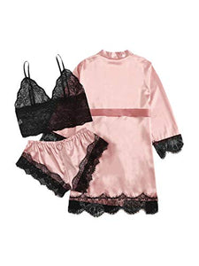SheIn Women's Sheer Lace Bralette and Striped Shorts Pajama Lingerie Set with Robe Pastel Pink Medium