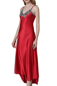 Asherbaby Women's Nightdress Satin Nightgowns Long Chemise Sleepwear Red XXL