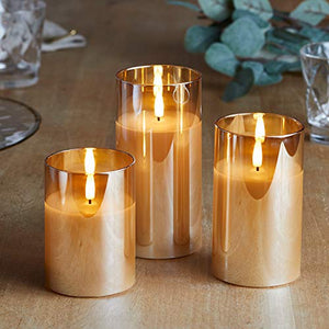 Lights4fun, Inc. Set of 3 TruGlow Gold Glass Flameless LED Battery Operated Pillar Candles with Remote Control