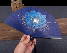 Cargar imagen en el visor de la galería, Oggo Chinese Fan, Hand Painted Color, Classical Bamboo Silk Folding Fan Hand Fan with Tassel and Gift Box for Party Decorations Dancing, Wedding, Birthday and Favors(Including Stand)
