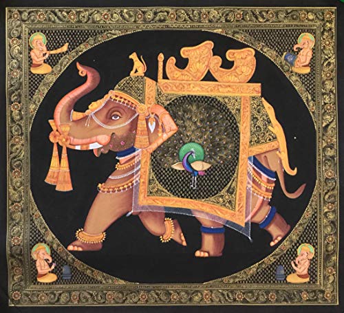 Indian Ganesha Elephant Peacock Decor Art Handmade Miniature Rajasthan Painting
